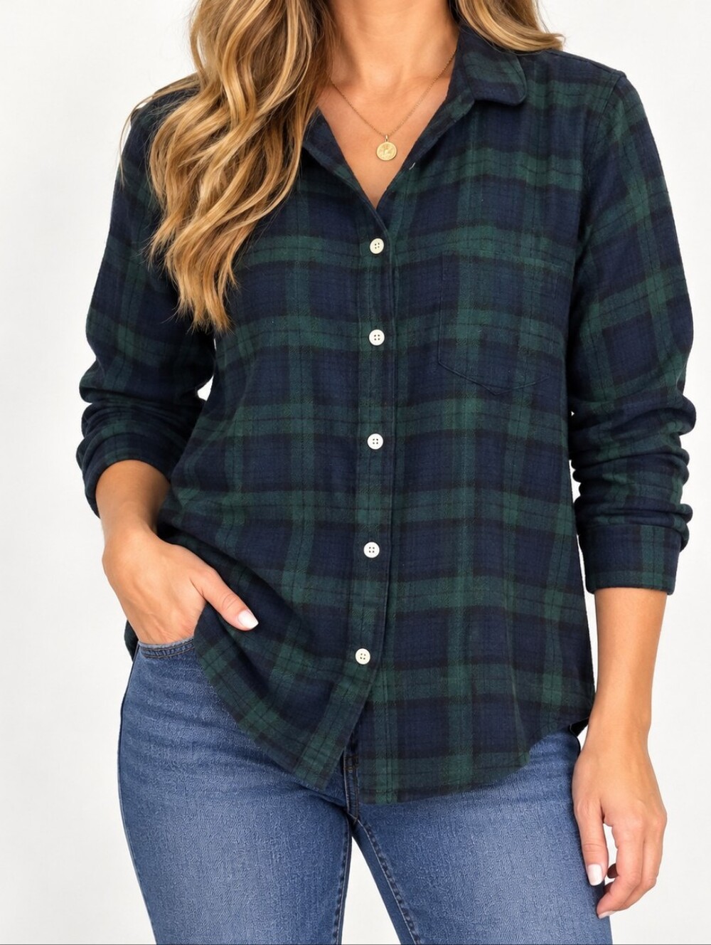 L.L.Bean Women’s M Regular Navy Green Plaid Flannel Shirt 100% Cotton Fall Style